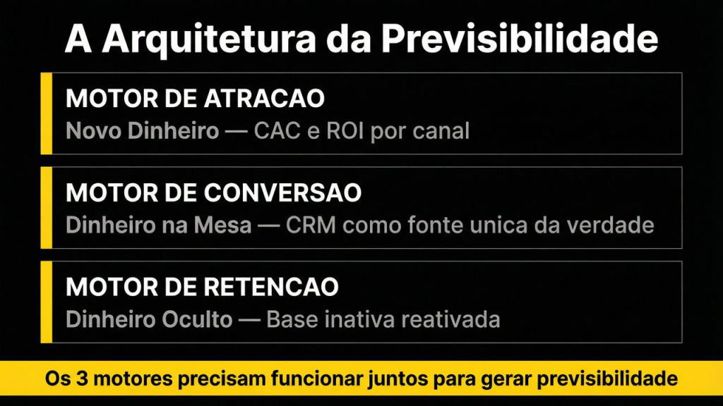 Infográfico da arquitetura da previsibilidade com os 3 motores de receita de clínica: atração, conversão e retenção