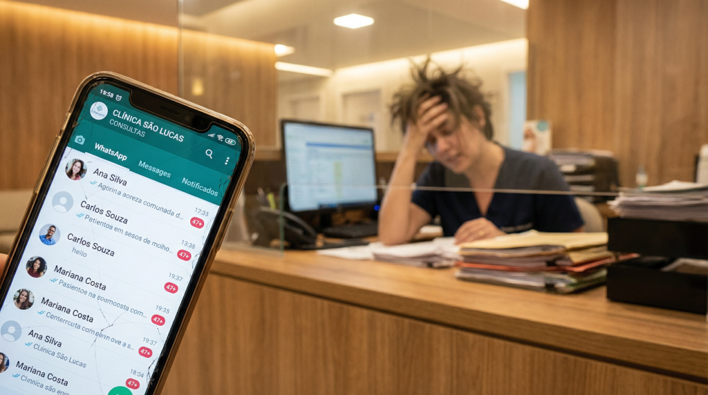 Recepcionista de clínica sobrecarregada com dezenas de mensagens não respondidas no WhatsApp Business