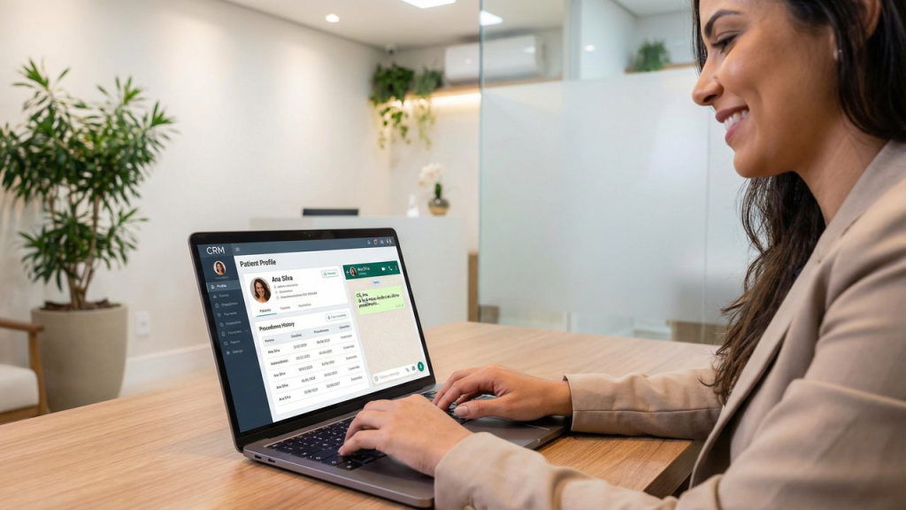 Coordenadora de clínica enviando mensagem personalizada de reativação de paciente via CRM integrado ao WhatsApp