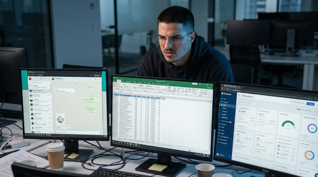 Gestor de clínica analisando sistemas desconectados: WhatsApp, planilha e CRM em telas separadas