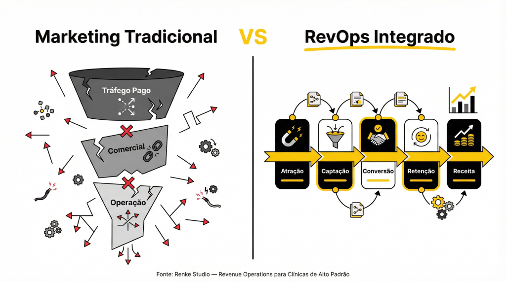Diagrama comparativo entre marketing tradicional fragmentado e sistema RevOps integrado para clínicas