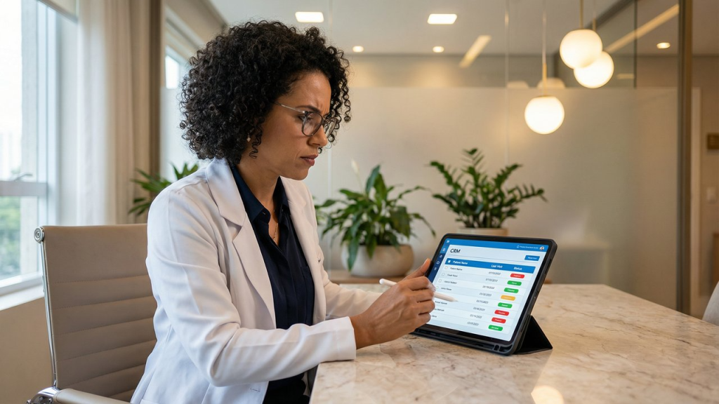 Médica de clínica de alto padrão revisando lista de pacientes inativos em tablet com CRM integrado