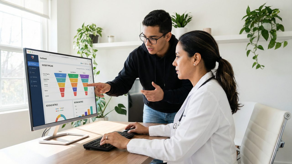 Médica de jaleco e consultor de RevOps revisando dashboard de pipeline de pacientes e métricas de receita no CRM