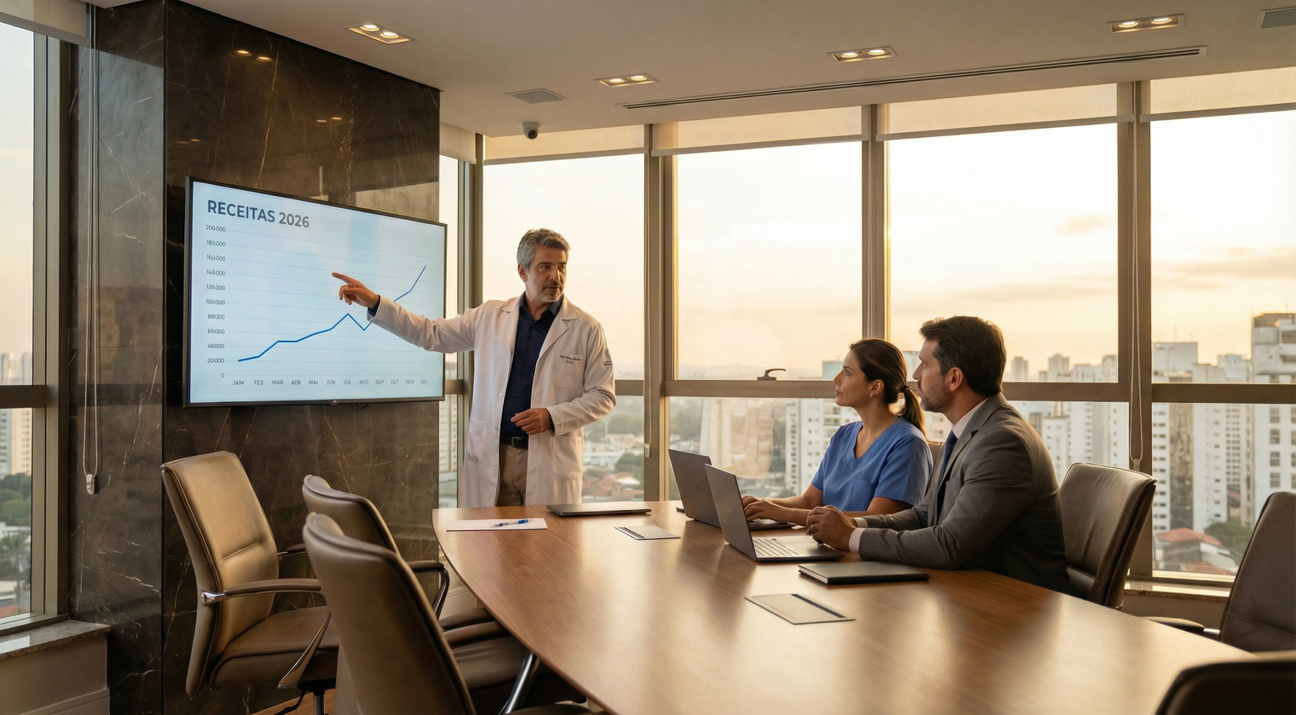 Médico gestor apresentando projeção de receitas 2026 para equipe em sala de reunião executiva de clínica premium