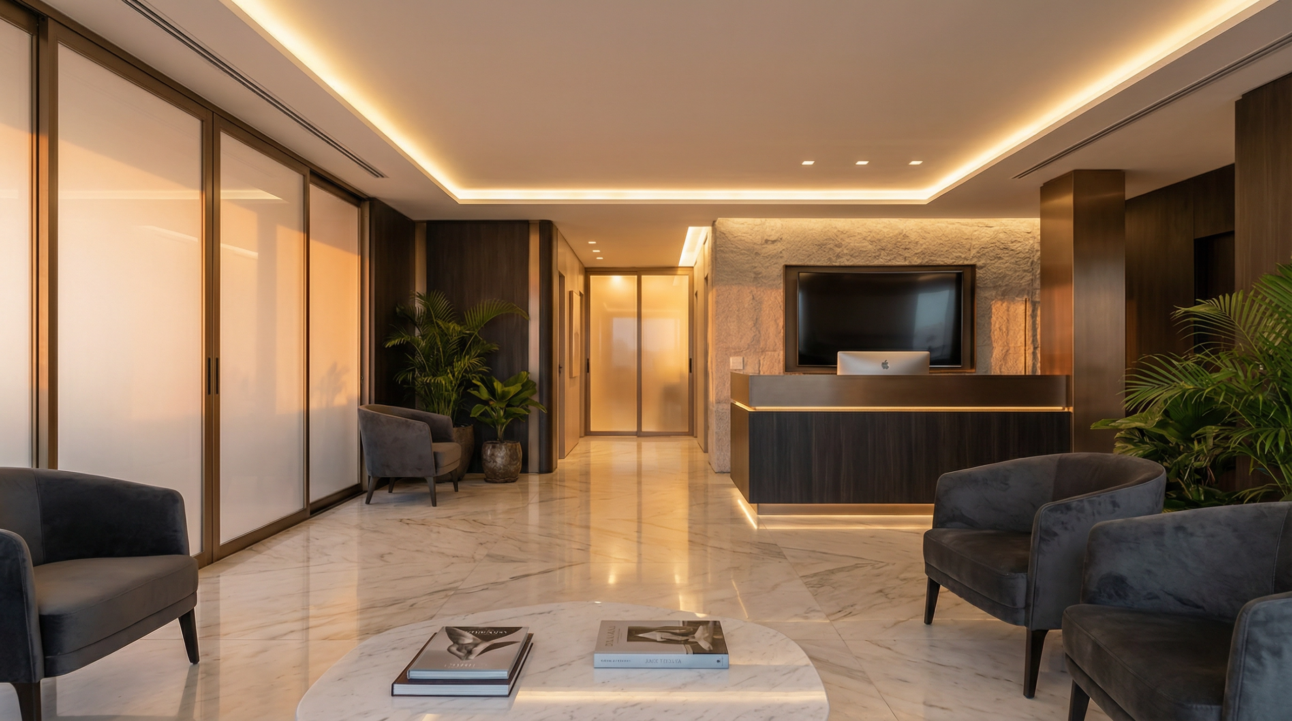 recepção de clínica médica de alto padrão com design premium e iluminação sofisticada