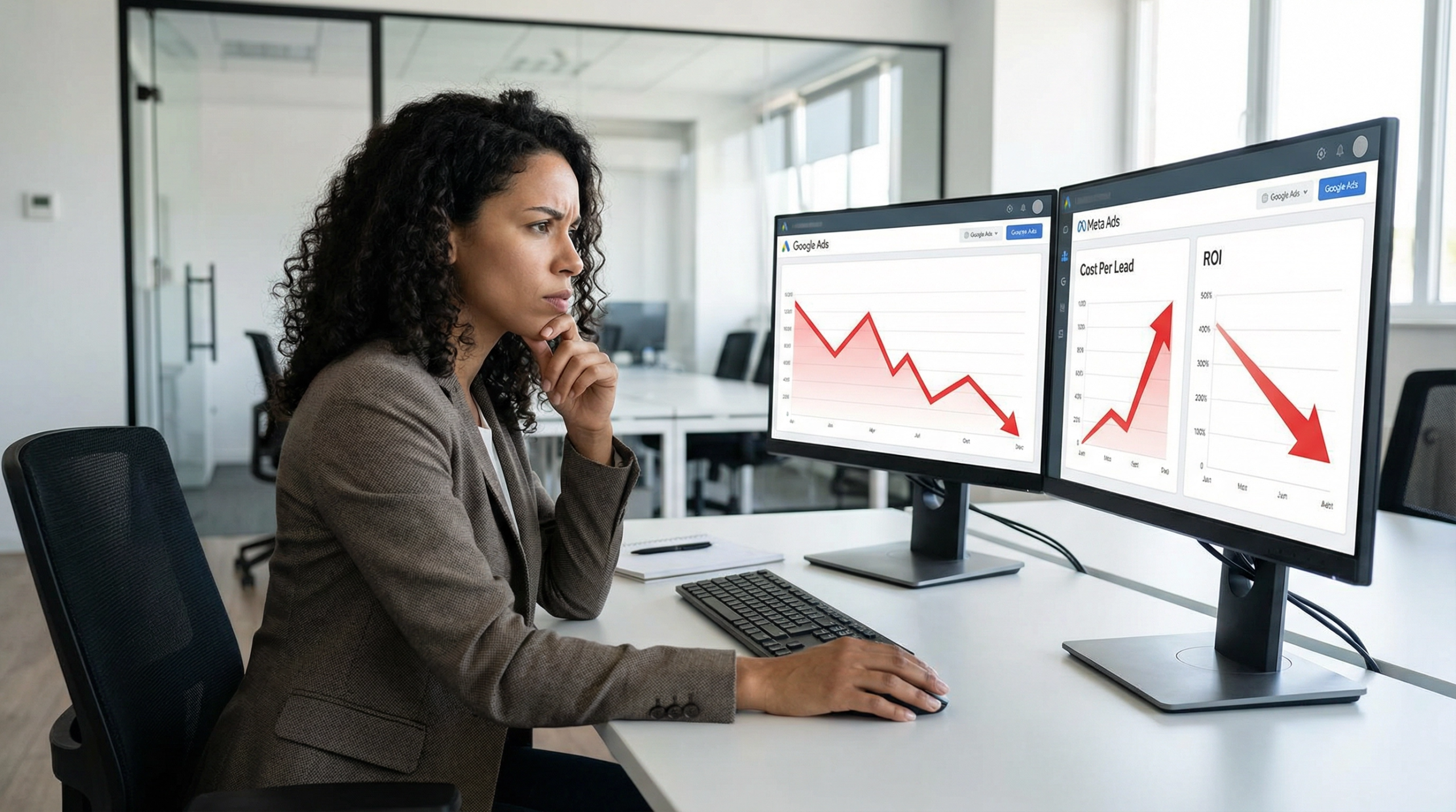 Analista de marketing analisando queda no ROI e aumento do custo por lead em campanhas de tráfego pago para clínica